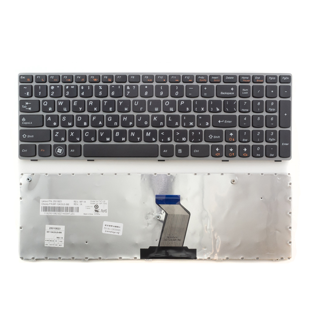 Клавиатура для ноутбука Lenovo G570, G770, Z560 черная с серой рамкой