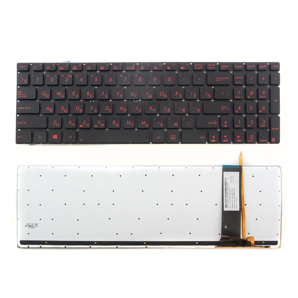 Клавиатура для ноутбука Asus N56 черная без рамки, с подсветкой (красный шрифт)